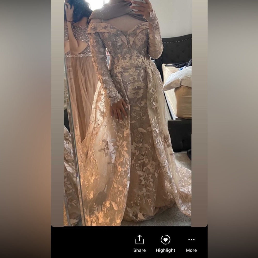 Portia and Scarlett Gold Pink Long Sleeve Gown